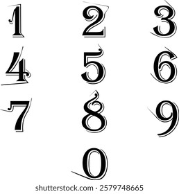 Set of numbers 0 to 9 with a sharp and fancy shape, for typography and special logos in graphic design.