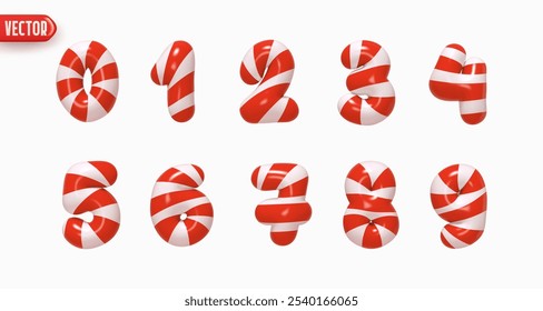 Conjunto de números de 0 a 9 en estilo de Navidades candy cane en diseño realista 3d aislado sobre fondo blanco. Número de Navidad hecho de caramelo rojo y rayas de color blanco. Ilustración vectorial