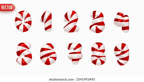 Conjunto de números de 0 a 9 en estilo de Navidades candy cane en diseño realista 3d aislado sobre fondo blanco. Número de Navidad hecho de caramelo rojo y rayas de color blanco. Ilustración vectorial