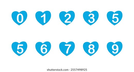 Set of numbers from 0 - 9 in white with love symbol. Blue, white, sweet, cute. Vector