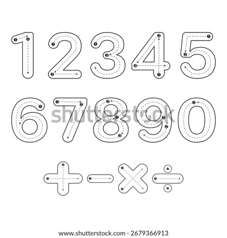 Set of numbers 0-9, dotted lines. For practicing writing. Transparent background.