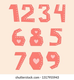 Set of numbers (0-9) with hearts and paper cut effect. Colorful numbers on light background for cards, posters, prints, textile. Straight lines. Pink color. 