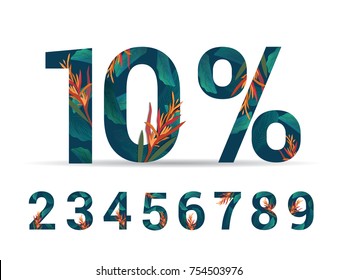 set of numbers 0-9 with percent lettering with leaves and flower tropical decoration. For Sale discount, Poster Banner Background sign & symbol. Luxury unique style, Green color, Vector illustration