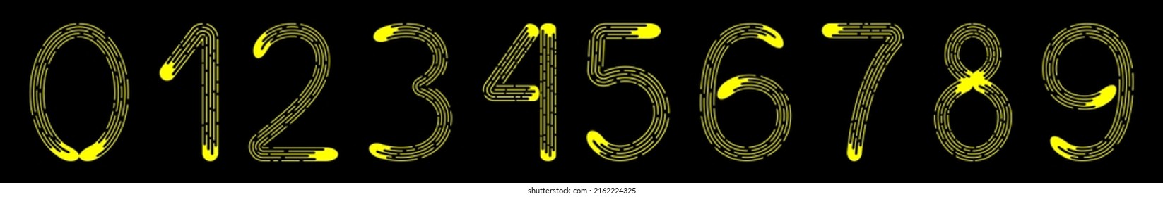 Set of numbers 0-9 from yellow dotted lines isolated on black background. Design element. Vector illustration