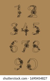 Set of numbers from 1 to 0. Decorative font with floral ornaments from maple lionfish. Ecological typography