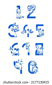 A set of numbers from 1 to 0 with a Yorkshire terrier. Unusual decorative alphabet. Font for dogs based on gestalt design
