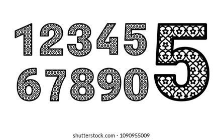 Set of numbers 1, 2, 3, 4, 5, 6, 7, 8, 9, 0 for laser cutting. Numeral characters. Numeric date template. Decorative paper font. Vector letters for wedding invitation, birthday card.