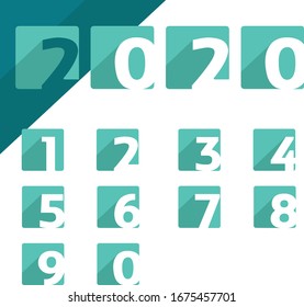 Set of numbers 1 2 3 4 5 6 7 8 9 0 bluish green, simple minimal style with 45 degree shadow