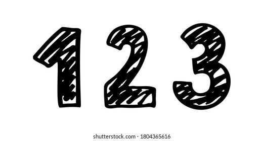 Set of Numbers 1 2 3. Sign number, Concept top winner success. Hand drown vector doodle one two three isolated on white background. Black lettering. Brush Stroke textured