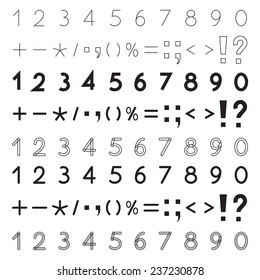 Set of numbers 1, 2, 3, 4, 5, 6, 7, 8, 9, 0, mathematical and punctuation signs, black isolated on white background, vector illustration.