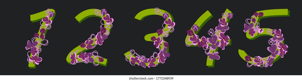 Set of numbers from 1 to 5 on a black background. Decorative font with floral ornaments from blooming lilacs. Ecological typography
