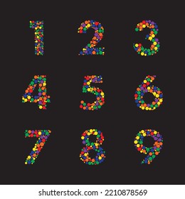 set of Numbers from 1 to 9 filled with colorful dots