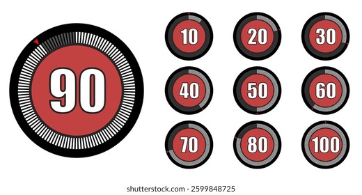 Set of numbers 10 -100. Gauge, percentage, process, dial, circle, arrow. Vector