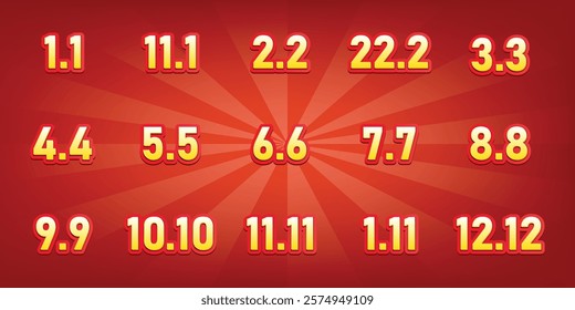 Set of numbers 1.1, 11.1, 2.2, 22.2, 3.3, 4.4, 5.5, 6.6, 7.7, 8.8, 9.9, 10.10, 11.11, 12.12. 3d illustration. Suitable for use on advertising banners posters flyers promotional