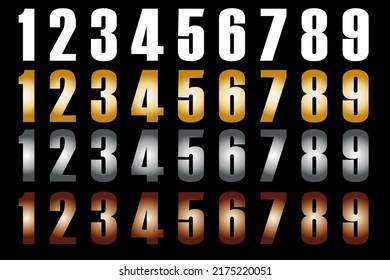 Set of numbers 1,2,3,4,5,6,7,8 and 9 in white, gold, silver metal and bronze. Numbers vector on black background.