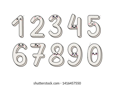 Set of numbers 1-9 in Japan Kawaii style. Funny stickers for kids birthday design. Can be used for kids birthday party invitation, greeting card and cake toppers design.