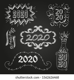 Set of numbers 2020 hand drawn. Comic book explosion elements design. 