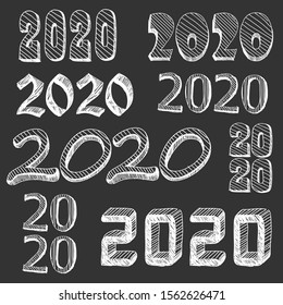 Set of numbers 2020 hand drawn. Comic book explosion elements design. 