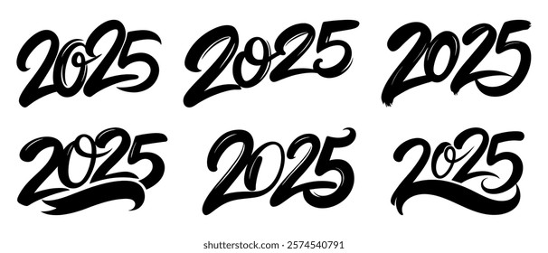 set of numbers 2025 in the style of hand drawing brush on white background