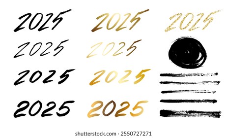 Um conjunto de números 2025 escrito em tinta, decorado com um gradiente dourado. Elementos decorativos para cartões, cartazes, folhetos. Ilustração vetorial