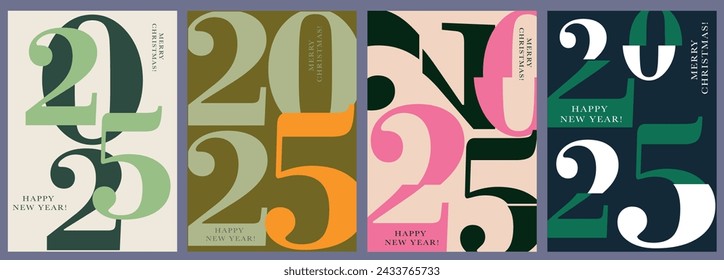 Números de Set 2025 Año. Feliz Año Nuevo 2025 y Feliz Navidad. Números de fondo en los colores verde, negro, rosa y naranja. Ilustración vectorial para banners web, publicaciones en redes sociales, pósters.