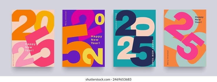Set Numbers 2025 Year. Happy New Year 2025 and Merry Christmas. Background Figure in the Red, Pink, Orange Color. Abstract Vector Illustration or Advertising, Social Media, Poster, Banner, Cover.