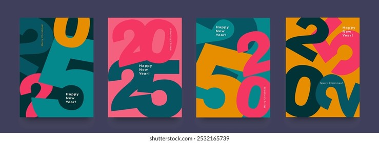 Set Numbers 2025 Year. Happy New Year 2025 and Merry Christmas. Background Figure in the Red, Pink, Orange Color. Abstract Vector Illustration or Advertising, Social Media, Poster, Banner, Cover.