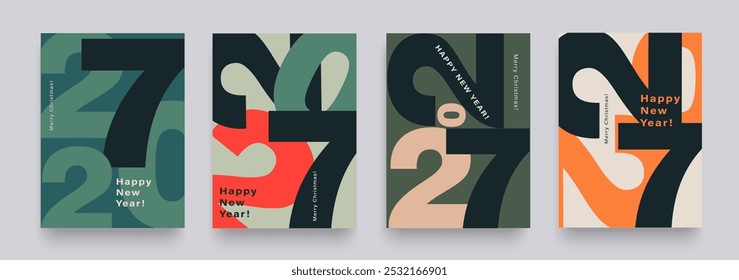 Set Numbers 2027 Year. Happy New Year 2027 and Merry Christmas.  Background Figure in the Green, Black, Red, Orange Colors. Abstract Vector Illustration for the New Year for Banner, Poster, Card.