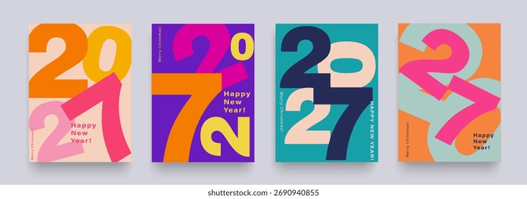 Set Numbers 2027 Year. Happy New Year 2025 and Merry Christmas. Background Figure in the Red, Pink, Orange Color. Abstract Vector Illustration or Advertising, Social Media, Poster, Banner, Cover.