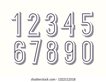 Set of numbers 3d bold outline style trendy typography consisiting of 1, 2, 3, 4, 5, 6, 7, 8, 9, 0 for poster, t shirt, book, sale banner, printing on fabric, birthday card. Modern font. Vector 10 eps