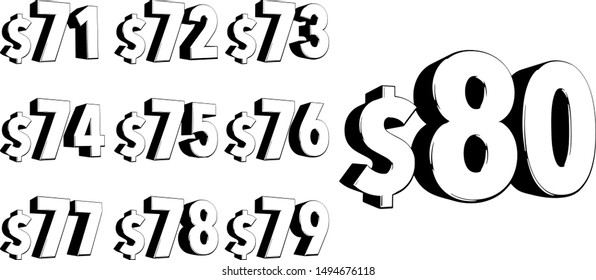 Set of numbers 3d bold style trendy typography consisiting of 71, 72, 73, 74, 75, 76, 77, 78, 79, 80 with dollar sign
