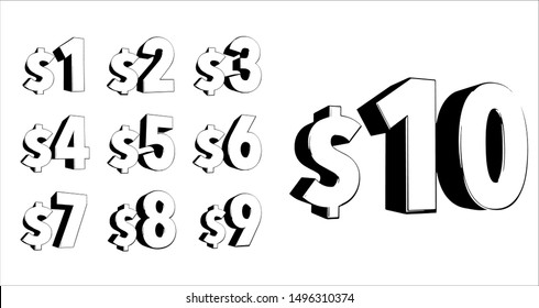 Set of numbers 3d bold style trendy typography consisiting of 1, 2, 3, 4, 5, 6, 7, 8, 9, 10
