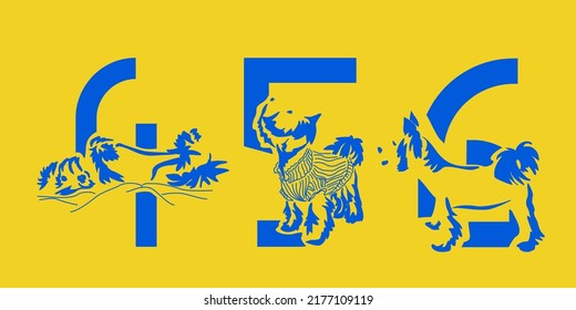 Set of numbers 4, 5, 6 with Yorkshire terrier. Unusual decorative alphabet. Font for dogs based on gestalt design