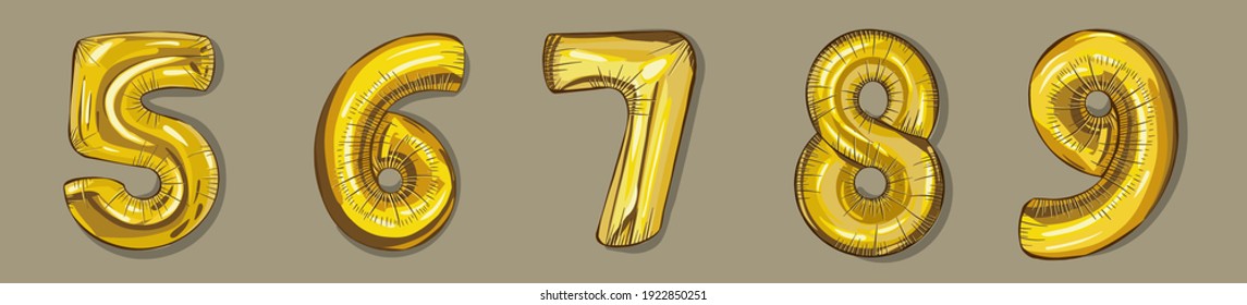 A set of numbers from 5 to 9. Golden balloons.