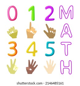 Set of numbers to 5 and finger counting for mental math school, studio, math course, creative children.  Math. Modern design vector illustration concept for web and mobile website development.