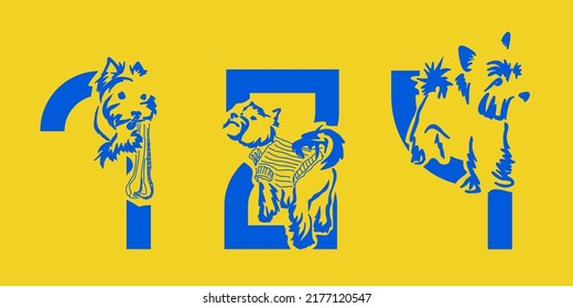 Set of numbers 7, 8, 9 with Yorkshire terrier. Unusual decorative alphabet. Font for dogs based on gestalt design