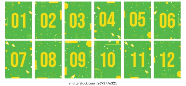 Um conjunto de números com elementos geométricos abstratos em um fundo verde. Chapas de matrícula para postagens sociais, histórias, impressões e modelos.