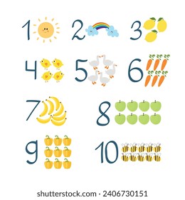 Set of numbers with animals, food, nature. Educational numbers, home or kindergarten decor. Cartoon vector illustration. 