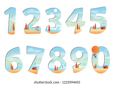 Set of numbers with autumn landscape in modern flat style. Decorative element for design of banners, flyers and much more.