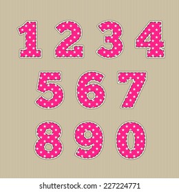 Set of numbers. Baby design. Bright pink, cream colors. Star-shaped pattern.