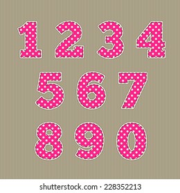 Set of numbers. Baby design. Bright pink, cream colors. Polka dot pattern.
