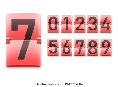 Set of numbers, black digits on red in mechanical scoreboard style, realistic template, vector illustration