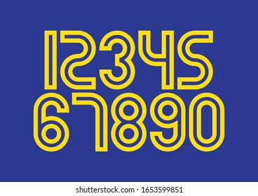 Set of numbers with blue and yellow typography design elements 1, 2, 3, 4, 5, 6, 7, 8, 9, 0.