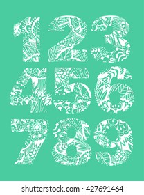Set of numbers with bright floral pattern. Beautiful hand-drawn letters with a pattern. The oriental style. Tribal style. Summer floral ABC element in vector
