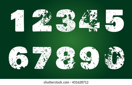 Set of numbers with carved grunge spots on green background vector illustration
