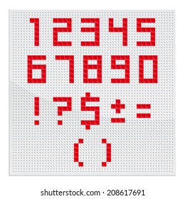 set of numbers and characters of red mosaic design on a white board