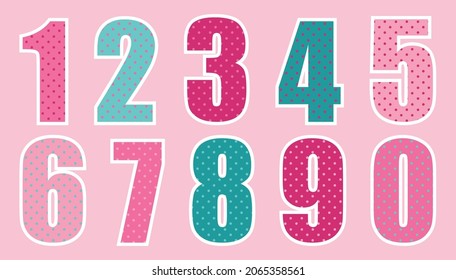 A set of numbers. Children's design. Pink, turquoise tones. Polka dot pattern. Stickers with numbers.