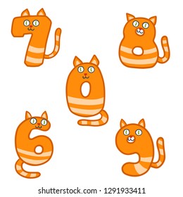 Set of numbers for children's font in the form of red cats with stripes. A character with a pet. Educational material for kids with animal face from seven to nine and zero.