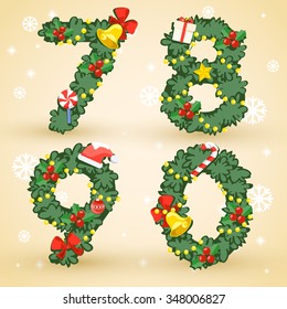 Set of Numbers : Christmas Wreath And Ornaments : Vector Illustration