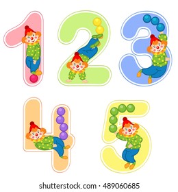 set of numbers with clown juggler from 1 to 5 - vector illustration, eps